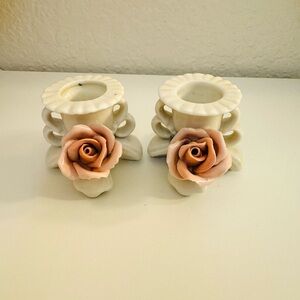Vintage Karl Ens Rose Table Candlestick Holder Porcelain Set of 2
